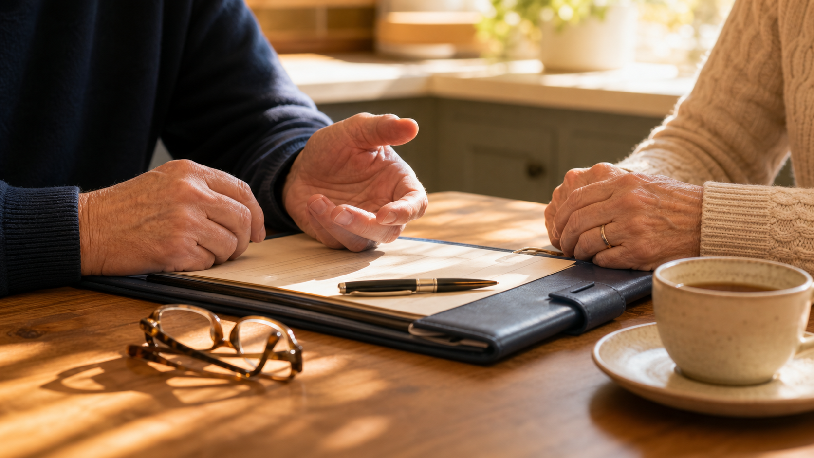 Conservatorship planning conversation at a table